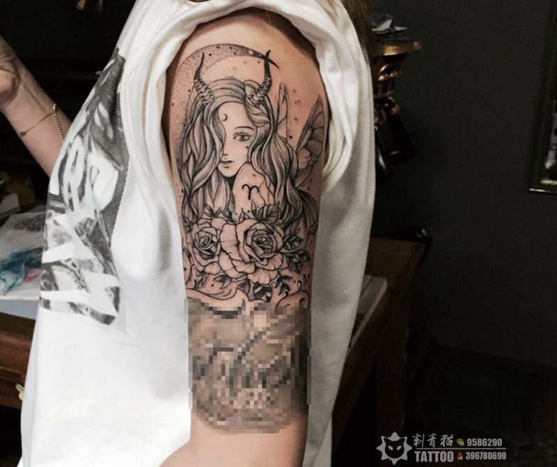 精灵纹身图片_手臂手部点刺几何精灵玫瑰纹身图案