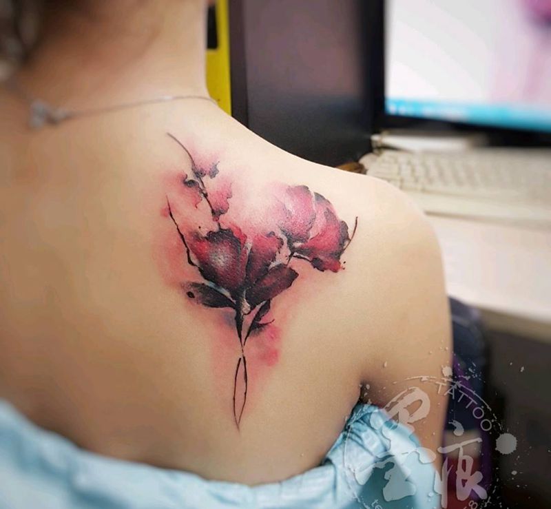 水彩纹身图片_肩部欧美传统清新植物静物原创成品纹身图案