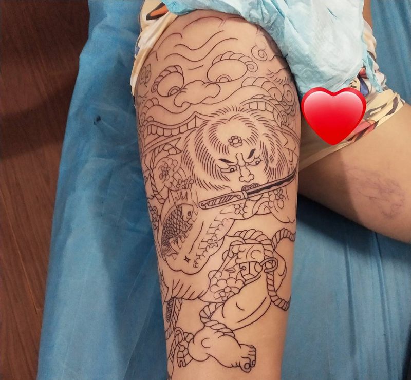 张顺破水门初步线条纹身图片_脚部腿部老传统纹身图案