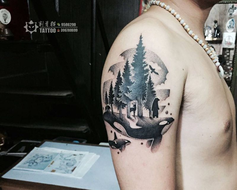 鲸鱼纹身图片_成品手臂手部欧美清新动物点刺点线鲸鱼纹身图案