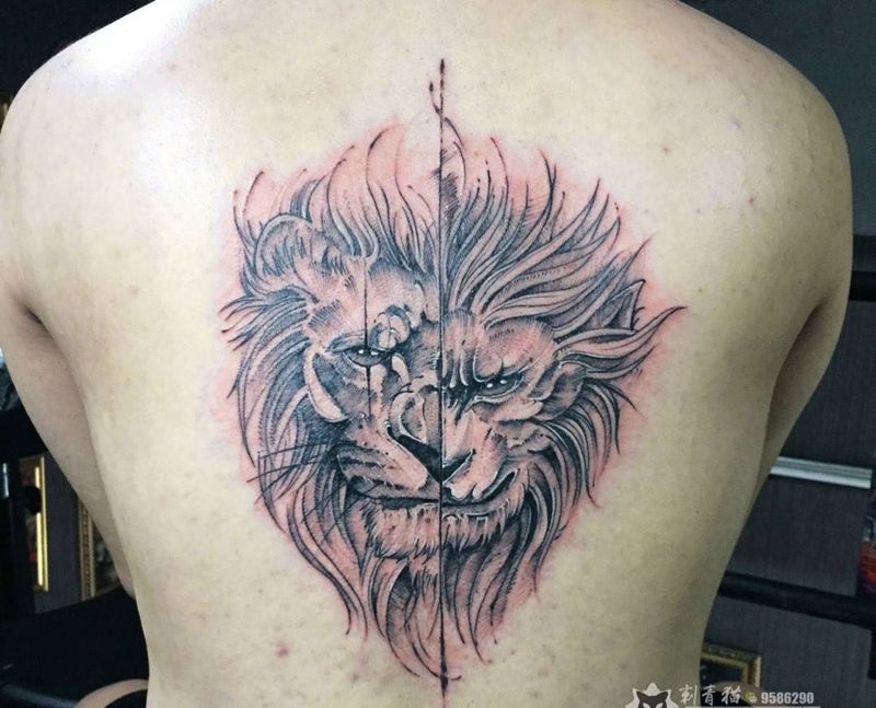 狮猴纹身图片_背部点刺几何狮子猴子纹身图案