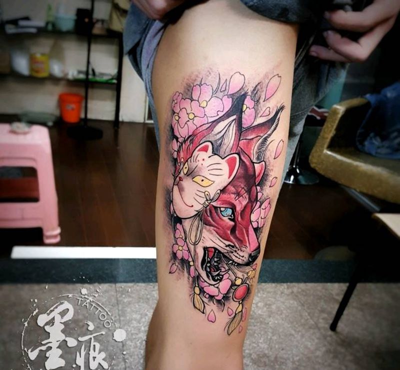 《神乐.狐》纹身图片_腿部脚部欧美清新写实几何动物鬼神原创成品纹身图案