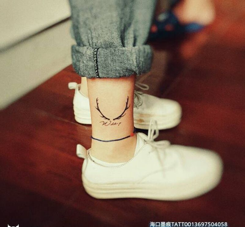 鹿角纹身图片_腿部脚部欧美清新动物静物图腾情侣原创成品纹身图案