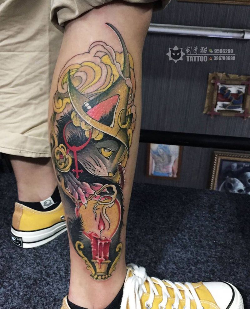 魔法猫咪纹身图片_脚部腿部新传统New School猫咪猫魔法纹身图案