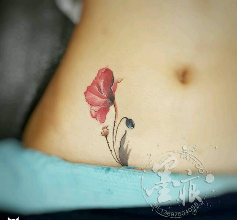 花｜盖疤纹身图片_腹部清新国画植物成品纹身图案