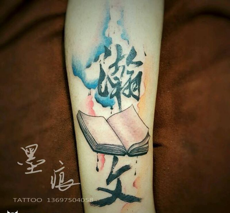 书法,墨,书本,彩《半成品》纹身图片_脚部欧美原创纹身图案