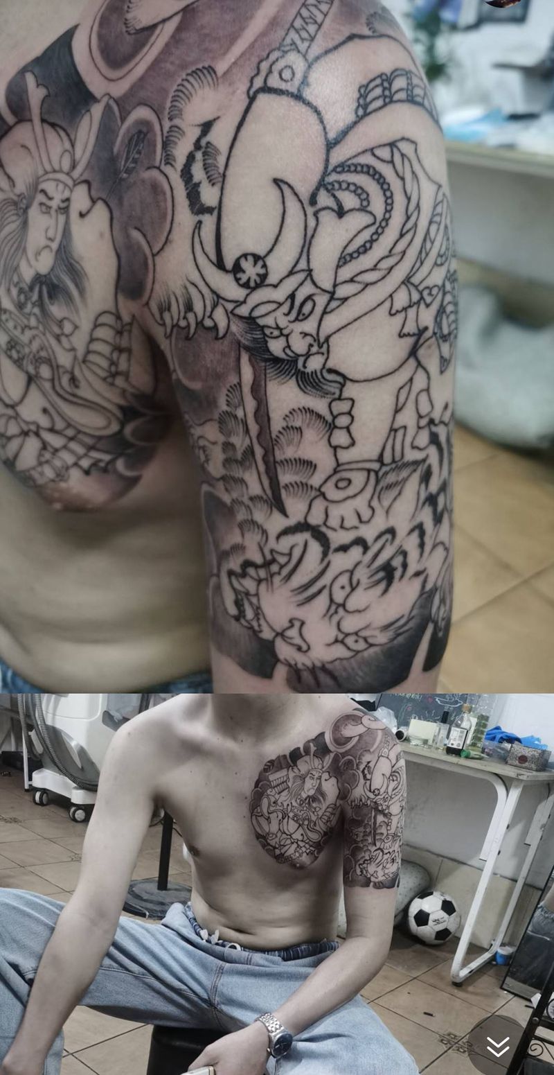 老传统半甲纹身图片_肩部胸部纹身图案