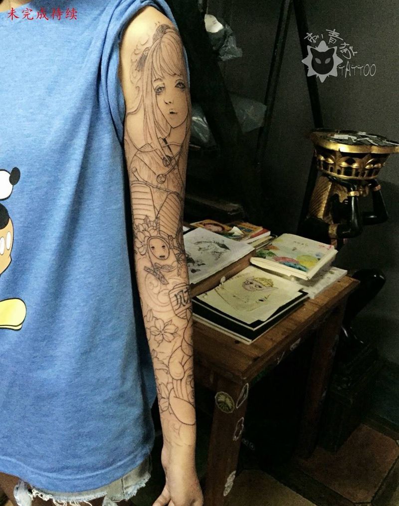 艺伎招财猫纹身图片_手部手臂新传统老传统艺伎招财猫花臂纹身图案