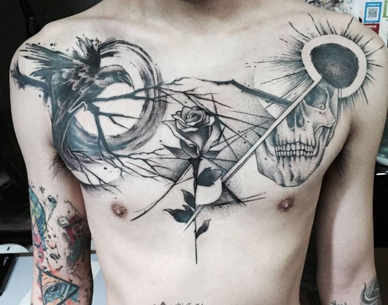 乌鸦骷髅玫瑰纹身图片