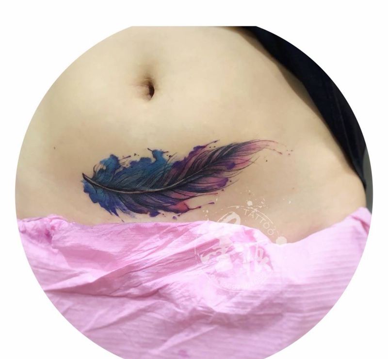 遮盖疤痕纹身图片_腹部水彩纹身图案