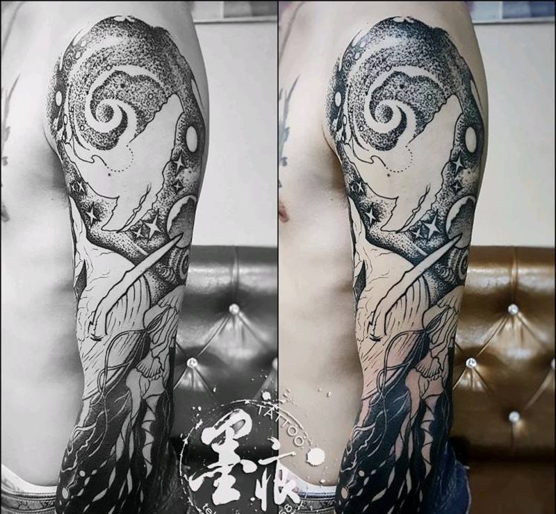 海洋星空纹身图片_手臂腿部手部脚部欧美清新几何动物原创成品纹身图案