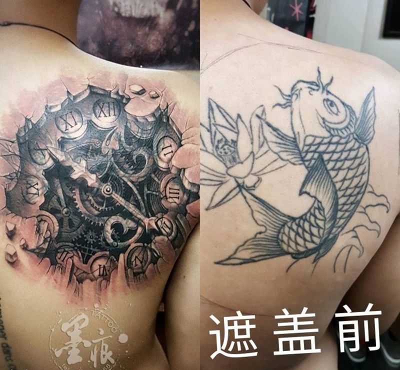 立体机械遮盖传统鲤鱼纹身图片_肩部背部欧美习俗写实几何静物图腾成品纹身图案