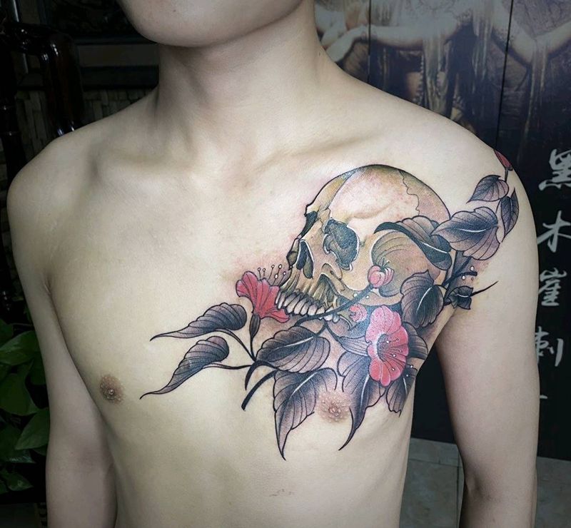 死亡与生命纹身图片_胸部New School骷髅纹身图案