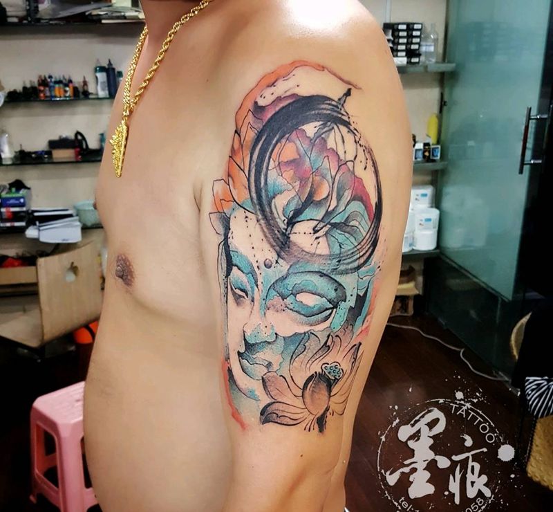 佛像水彩纹身图片_手臂手部欧美传统鬼神宗教原创成品纹身图案