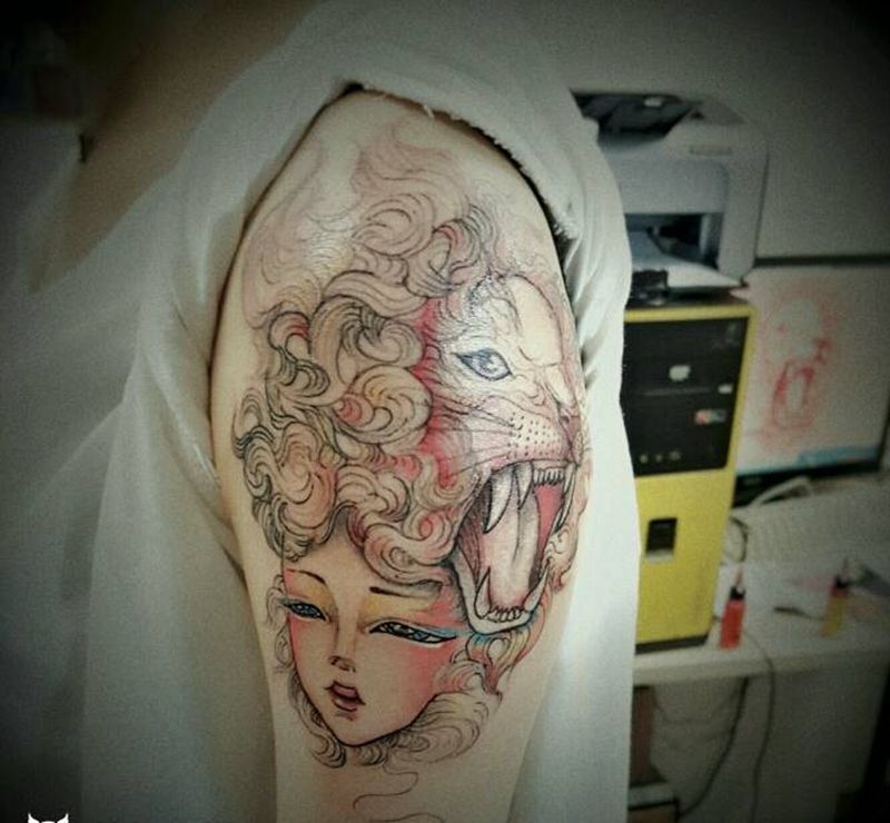 狮子座纹身图片_手臂手部欧美传统清新几何动物成品纹身图案