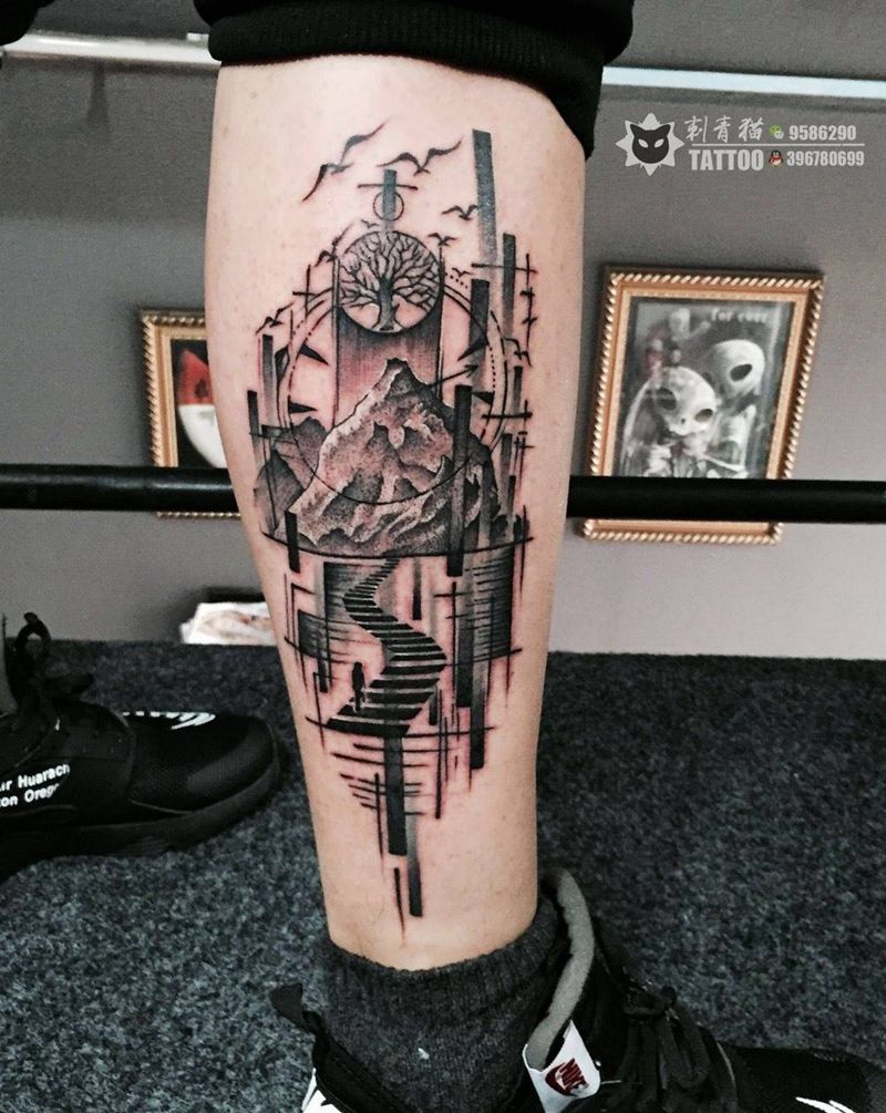 人生纹身图片_脚部腿部点刺几何山树楼梯纹身图案