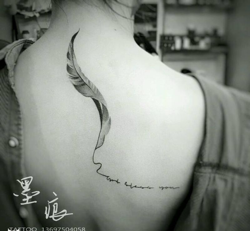 本店羽毛作品纹身图片_颈部肩部背部清新字符静物情侣原创成品纹身图案