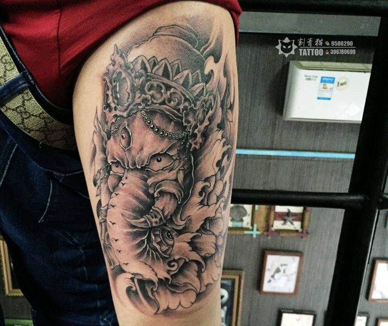 象神纹身图片_腿部新传统象神大象纹身图案