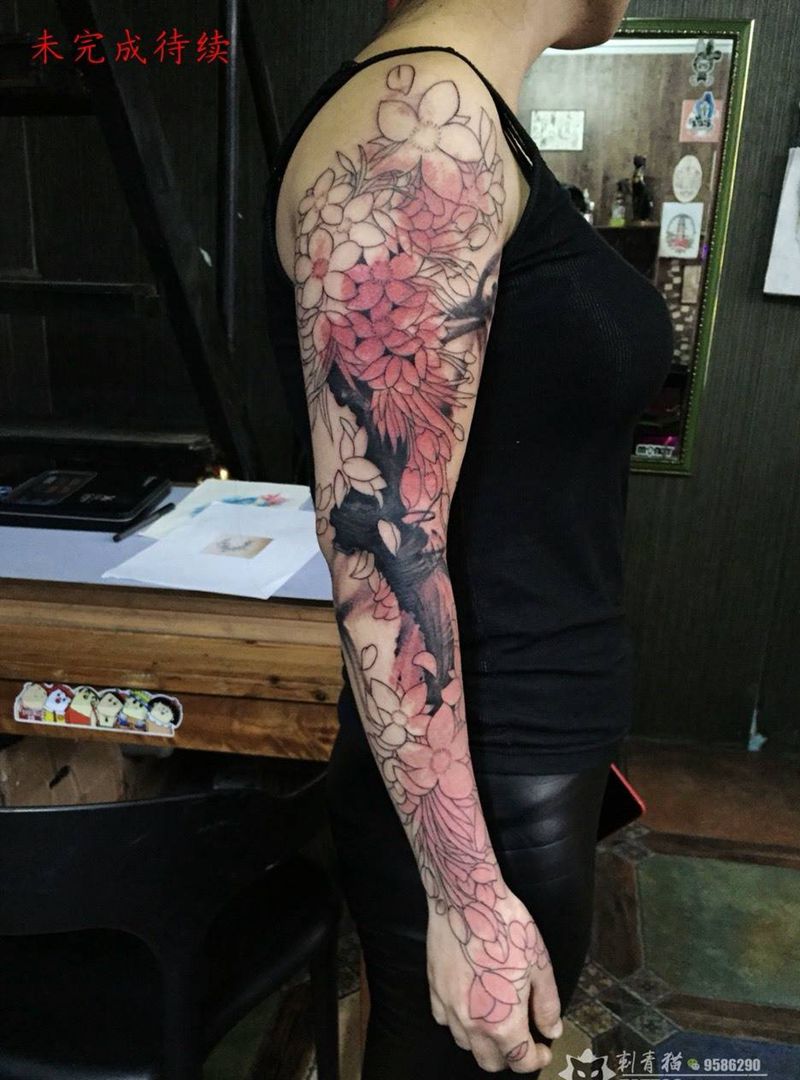 桃花.未完成纹身图片_手臂手部新传统水墨桃花纹身图案