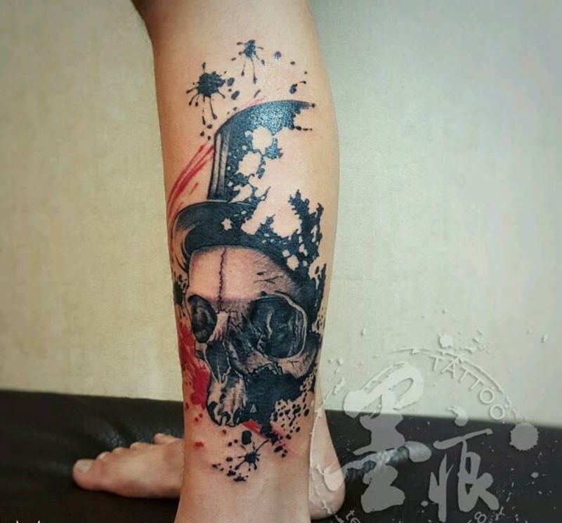 泼墨纹身图片_腿部脚部欧美习俗静物鬼神宗教成品纹身图案