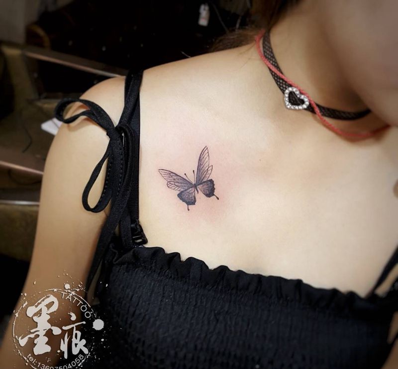 蝶纹身图片_肩部小清新纹身图案