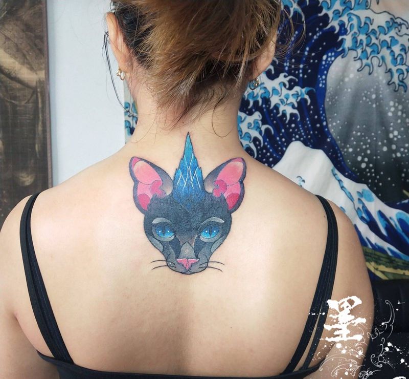 覆盖失败纹身小猫猫纹身图片_背部New SchoolOld School纹身图案