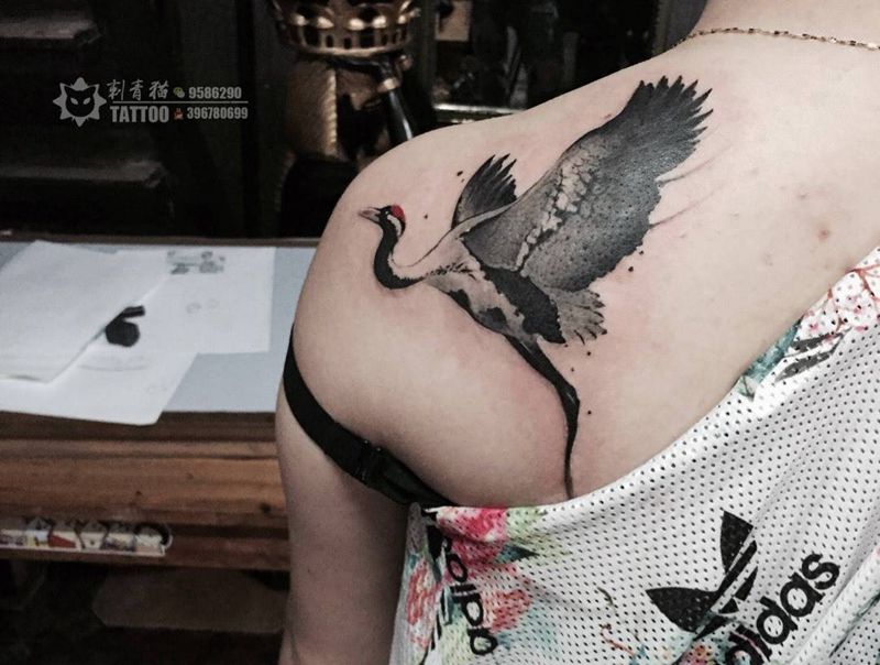 鹤纹身图片_成品肩部传统清新动物纹身图案