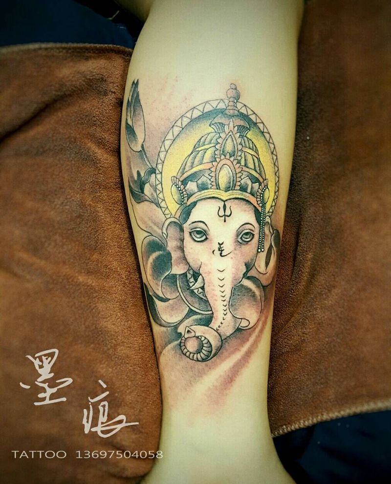 本店《象神》作品纹身图片_腿部脚部传统动物鬼神成品纹身图案