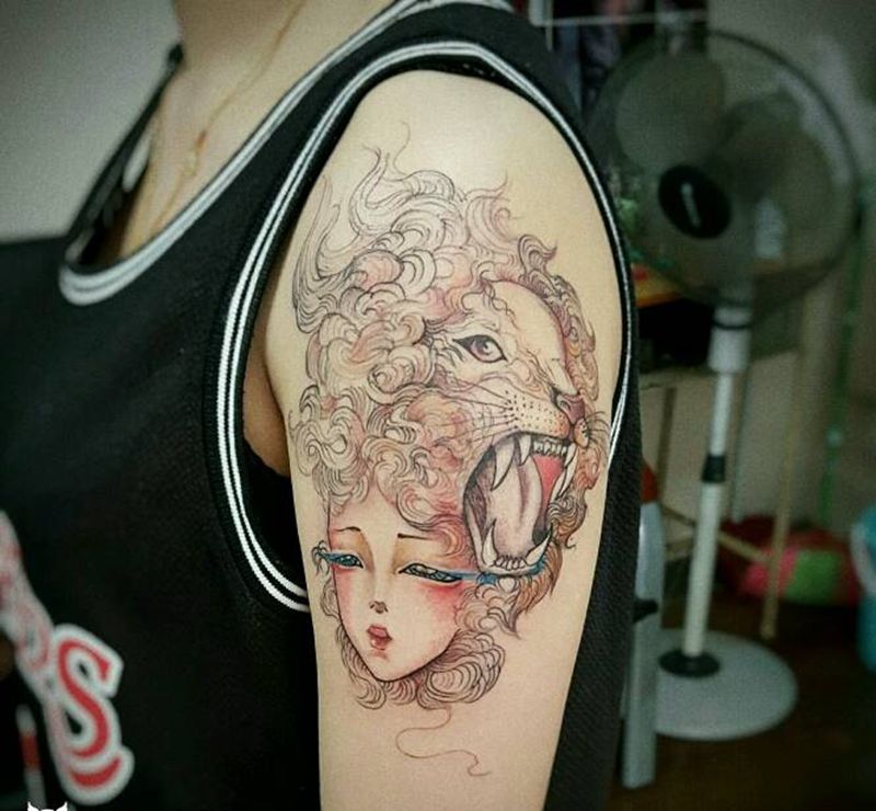 狮子座纹身图片_手臂手部欧美几何动物成品纹身图案