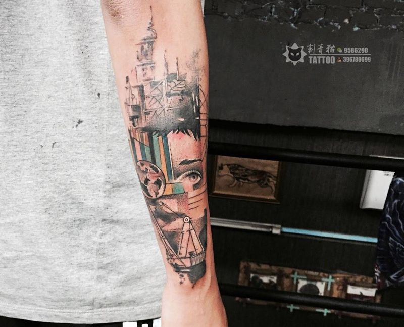 空间纹身图片_手臂手部点刺几何眼镜四维空间纹身图案