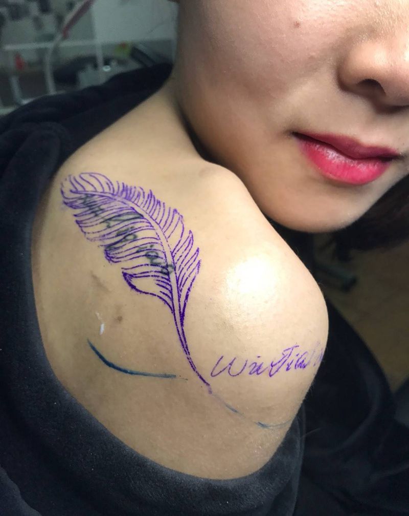 遮盖纹身图片_肩部动物静物羽毛纹身图案