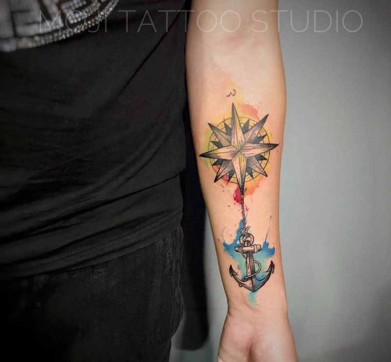水墨指南针船锚纹身图片