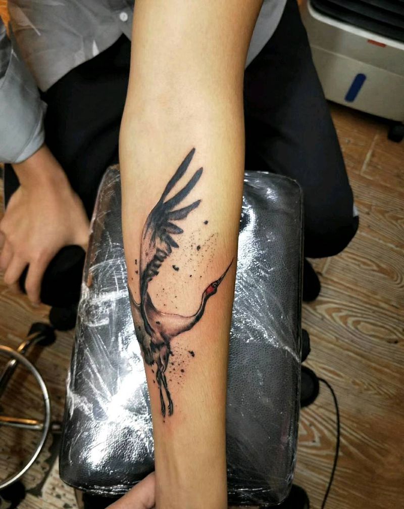 仙鶴纹身图片_手臂清新动物纹身图案