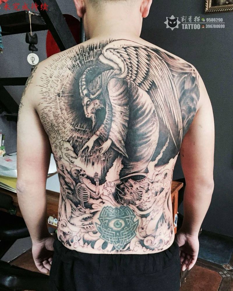 恶魔之首撒旦.未完成下次继续纹身图片_背部点刺撒旦恶魔纹身图案