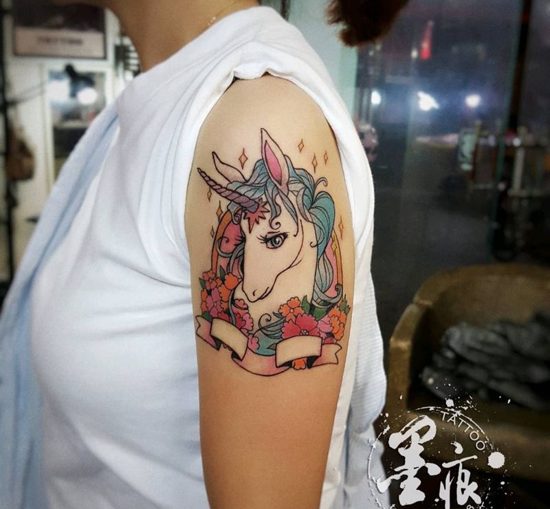 独角兽纹身图片_手臂手部欧美清新动物植物原创成品纹身图案