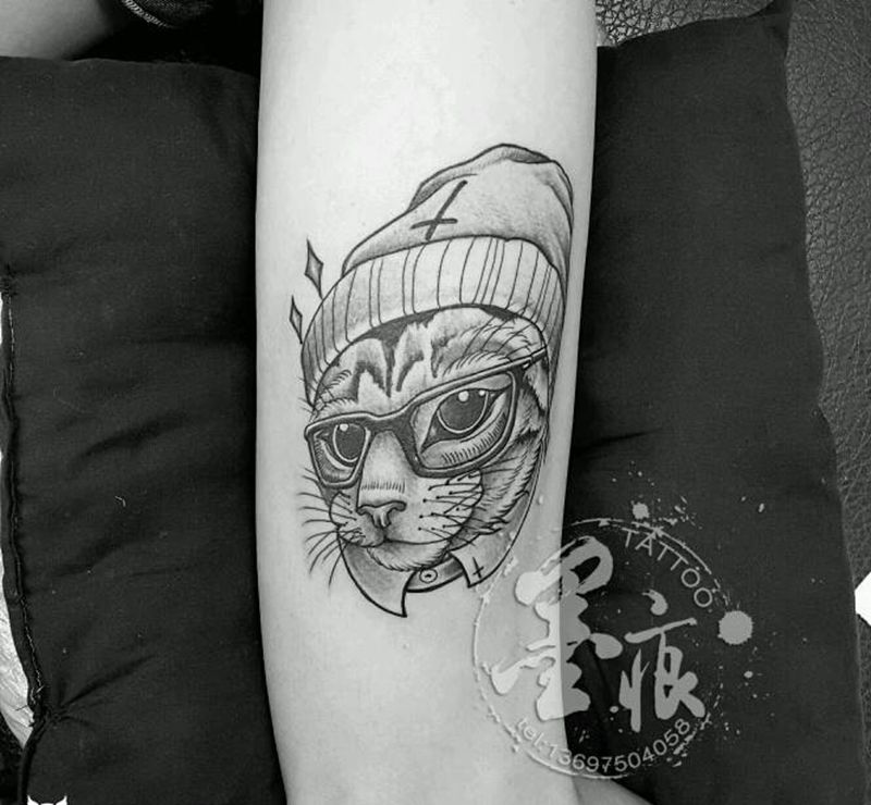 喵纹身图片_腿部欧美动物成品纹身图案