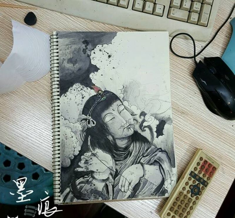 半成品纹身图片_传统国画人物鬼神手稿纹身图案