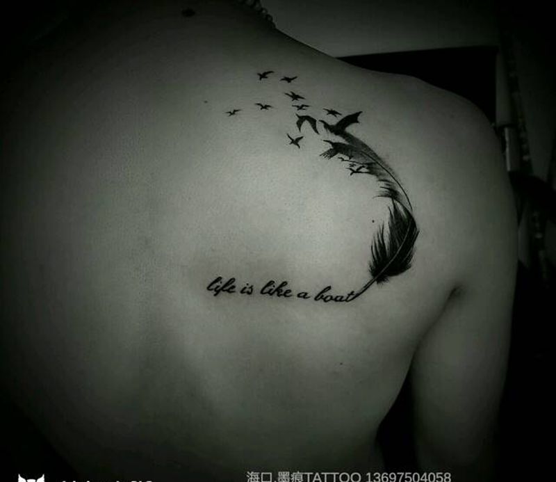 羽毛纹身图片_肩部欧美清新成品纹身图案