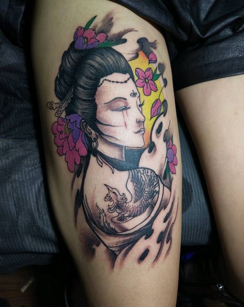 艺妓纹身图片_腿部脚部新传统欧美写实纹身图案