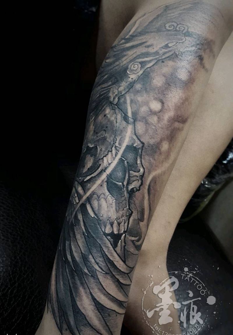 凤、骷髅纹身图片_腿部脚部欧美传统动物静物鬼神原创成品纹身图案