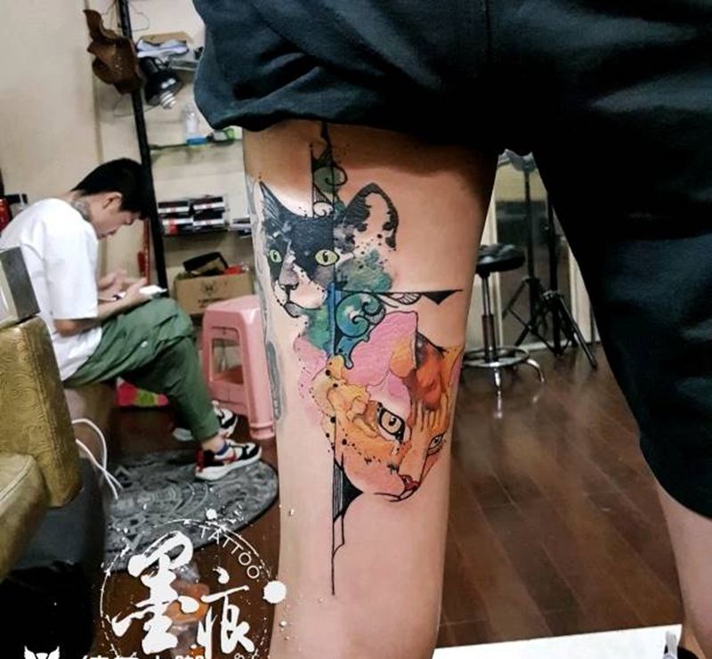 个性纹身  水彩．猫纹身图片_手臂腿部手部脚部欧美传统清新动物原创成品纹身图案
