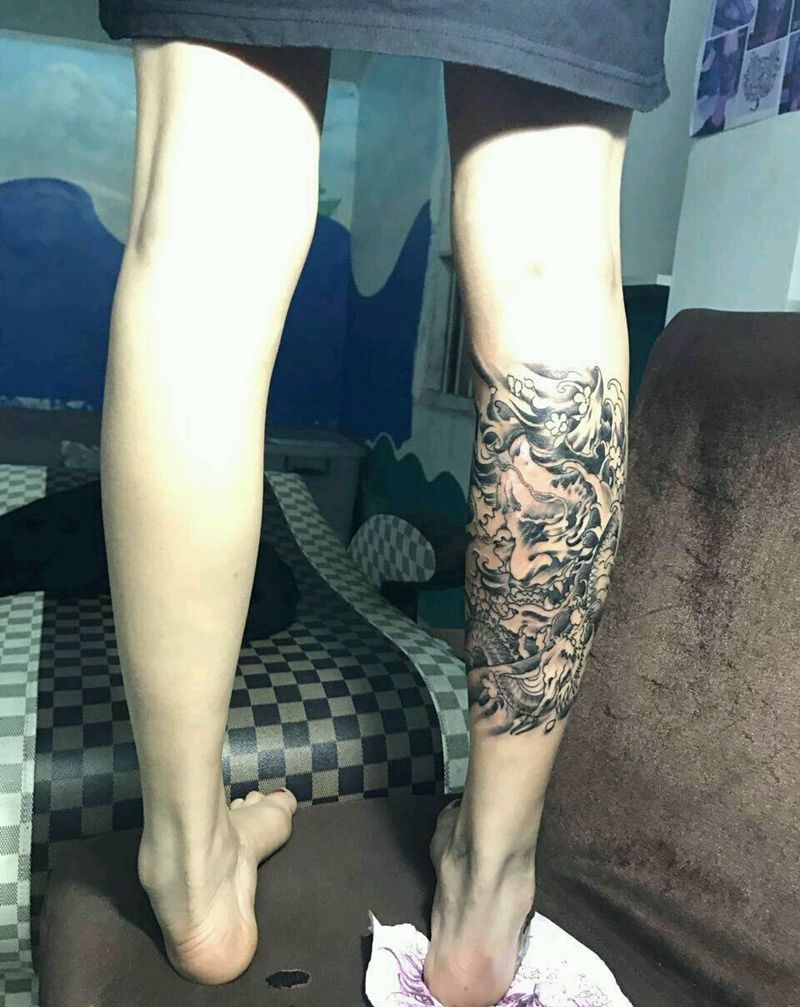 般若纹身图片_腿部传统鬼神成品纹身图案