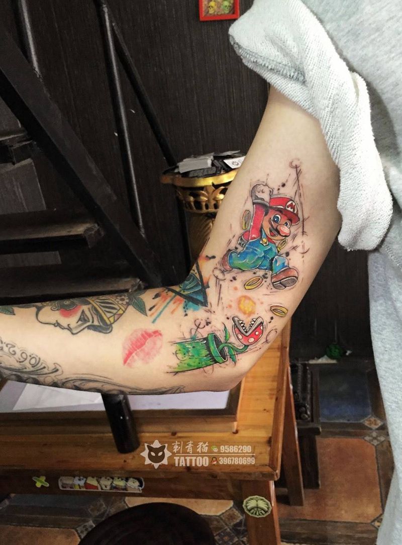 马里奥纹身图片_成品手臂手部欧美清新人物水彩动漫马里奥超级玛丽纹身图案