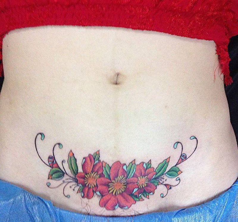 遮疤纹身图片_成品腹部传统欧美植物原创纹身图案