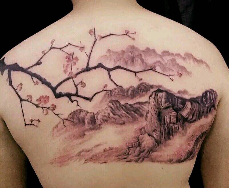 山水纹身图片_肩部背部传统写实植物静物原创成品纹身图案