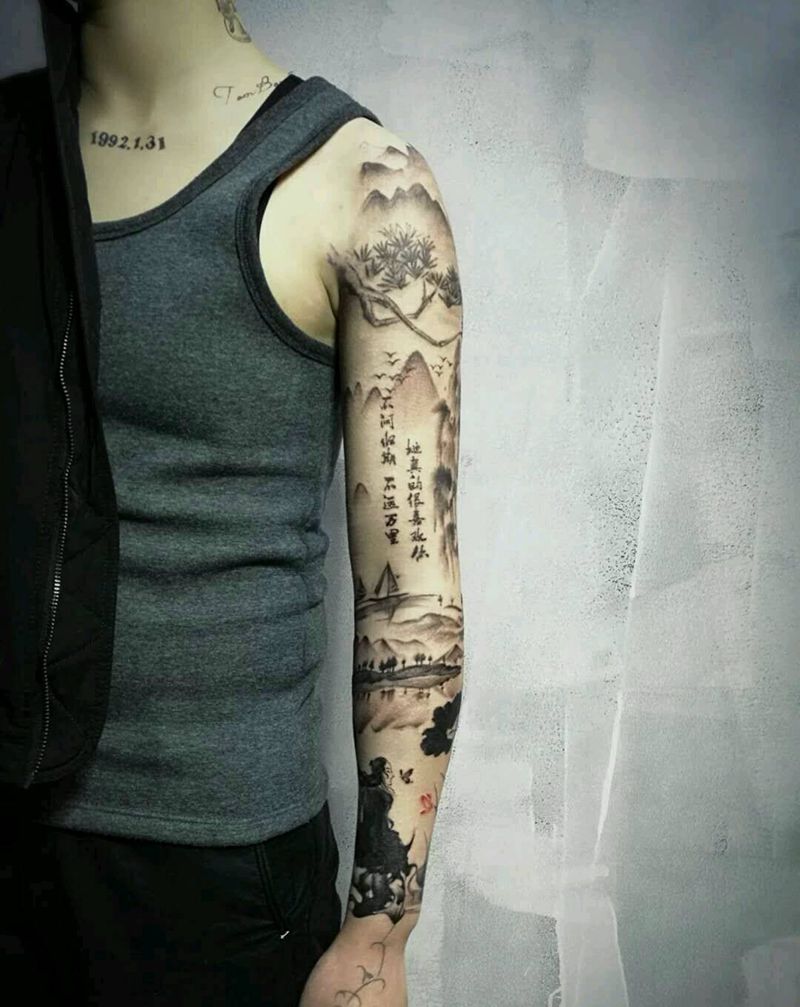 水墨风花臂 根作品纹身图片_手臂传统国画原创山水成品纹身图案
