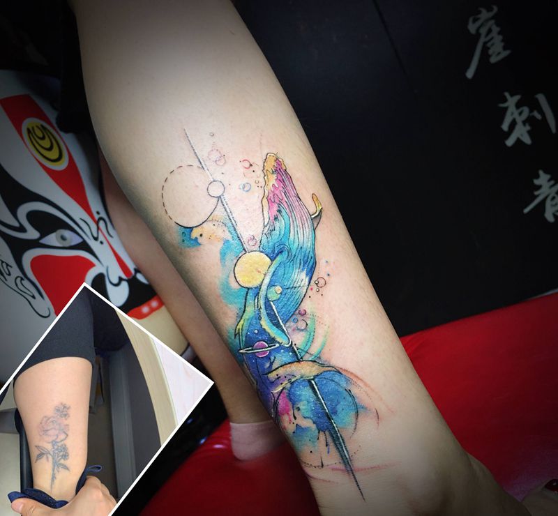 遮盖作品纹身图片_腿部水彩纹身图案