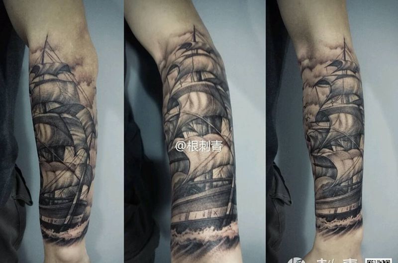 一帆风顺纹身图片_手臂欧美写实静物原创帆船成品纹身图案