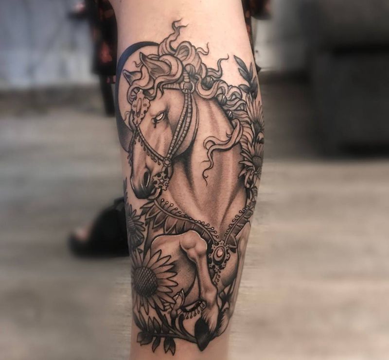 马【根作品】纹身图片_腿部New School马向日葵原创纹身图案