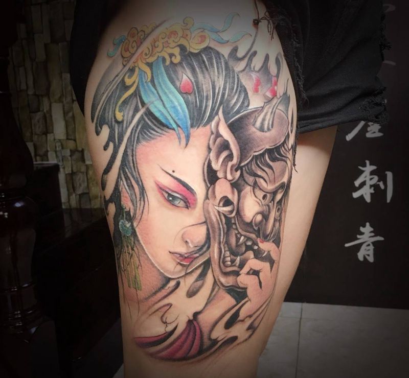 艺妓纹身图片_腿部新传统纹身图案